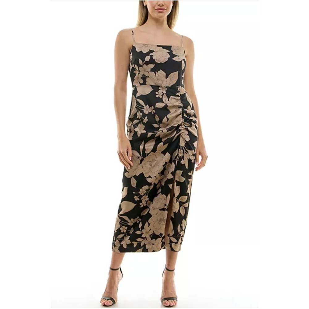 Taylor Floral Midi Dress 4 Elegant Black Tan Ruched Cowl Neck Satin Slip Dress